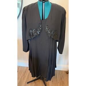 Vintage David Rose 2 Piece Dress Jacket Set Knee Length Sequin Black Size 24W
